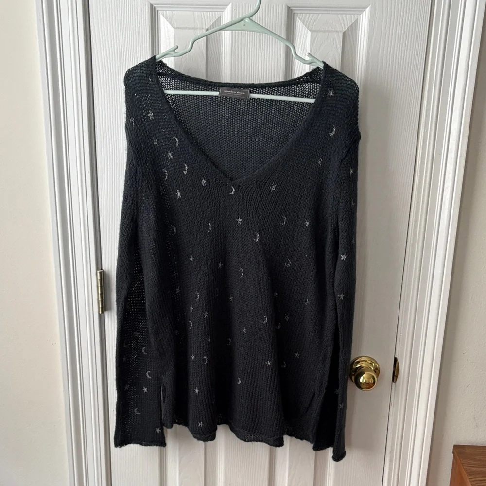 Wooden Ships Stars and Moon Lightweight Knit Wool Sweater Navy Blue S/M - Picture 5 of 9